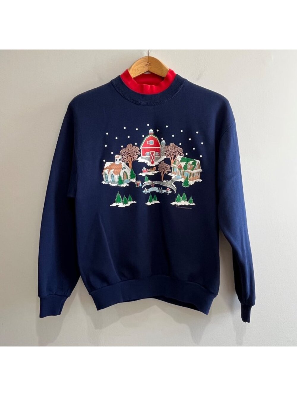Jerzees Vtg 90s Christmas Graphic Crew Neck Sweatshirt Womens M Blue Red Village